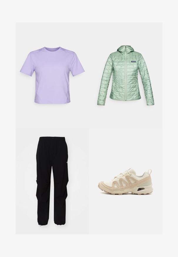 Šviesiai žalia, siuvinėta pūkinė striukė su gobtuvu, priekiniais užtrauktukais ir šoninėmis kišenėmis. Textūrizuotas paviršius su logotipu viršutiniame kairiame krūtinės kampe.; Mėtinės spalvos trumpomis rankovėmis sportinė marškinėliai su apvaliu iškirpimu, lygiu paviršiumi ir subtiliomis kontrastinėmis siūlėmis. Minimalus logotipas ant krūtinės.; Juodos lauko kelnės, pagamintos iš tvirto medžiagos, su laisvu siluetu, elastinga juosmens juosta ir surišamais rankogaliais, leidžiančiais reguliuoti ilgį.; Bežinės ir kreminės spalvos sportinės bateliai su tekstūruoto tinklelio viršutine dalimi, palaikančiomis detalėmis ir guminiais padais, turinčiais raštą, užtikrinantį sukibimą.
