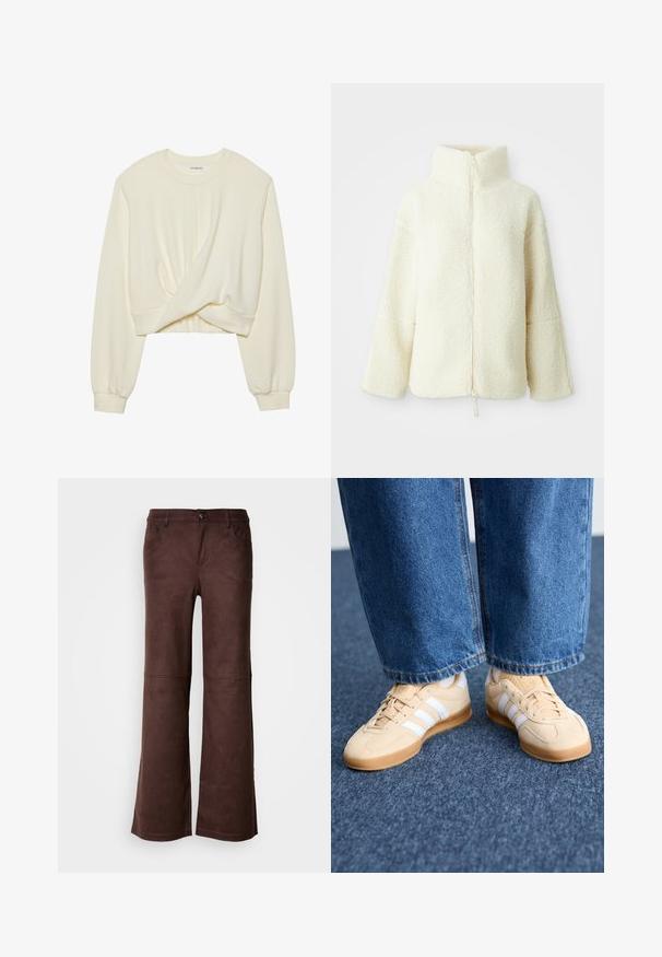 Krémová fleecová bunda s vysokým límcem, plným předním zipem, spadlou ramenní linií a měkkým, texturovaným povrchem.; Krémová, zkrácená mikina s dlouhými, přiléhavými rukávy. Na přední straně má detail ve tvaru twistu a žebrovaný lem. Měkká, hladká textura.; Hnědé rozšířené kalhoty z jemné, semišové látky. Obsahují čtyři kapsy, zapínání na knoflík a hladký, texturovaný povrch.; Beige semišové tenisky s bílými pruhy, gumovými podrážkami a kulatou špičkou. Spárovány s volnými džínovými kalhotami, které mají rovné nohavice a modrou látku.