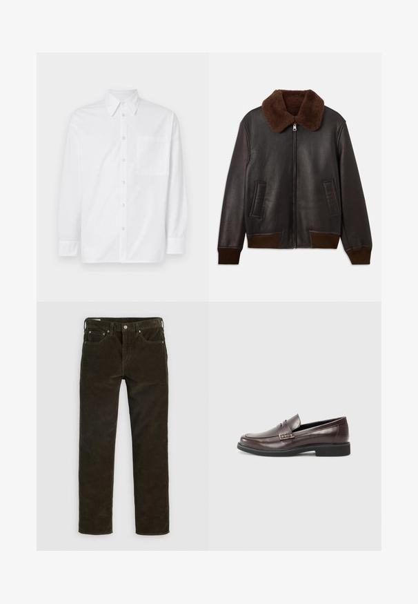 Hnedá kožená bomber bunda s umelou kožušinou na golieri. Obsahuje ribované manžety a spodný lem, dve predné vrecká a zips. Hladká textúra.; Biela košeľa s dlhým rukávom vyrobená z bavlny. Má klasický golier, predné zapínanie na gombíky a jednu náprsník na ľavej strane.; Hnedé kordové nohavice so strihom priamej nohavice, piatimi vreckami, viditeľným šitím a textúrovaným povrchom. Kovová gombíková léga na páse.; Hnedé kožené mokasíny s hladkým povrchom, so subtilným prešitím na hornom diele a čiernou gumovou podrážkou.
