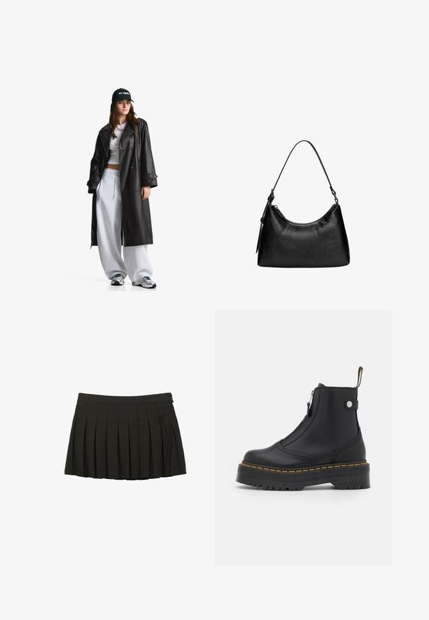 Černý kožený trenčkot s dvouřadým zapínáním, velkými klopami, páskem v pase a knoflíkovými manžetami. Hladká textura.; ONLY ONLMOON LIFE SLIT - Svetr - dark grey; Černá plizovaná mini sukně s přiléhavým pasem a bočním zipovým zapínáním, vystavená na bílém pozadí.; Černá kotníková bota vyrobená z hladké kůže, s bočním zipem, žlutým prošíváním a silnou, vroubkovanou gumovou podrážkou.; Černá syntetická kožená kabelka s zakřiveným tvarem, krátkým držadlem, zipovým uzávěrem a jemným texturovaným vzorem na povrchu.