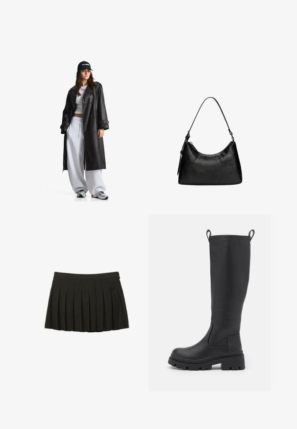 Černý kožený trenčkot s dvouřadým zapínáním, velkými klopami, páskem v pase a knoflíkovými manžetami. Hladká textura.; ONLY ONLMOON LIFE SLIT - Svetr - dark grey; Černá plizovaná mini sukně s přiléhavým pasem a bočním zipovým zapínáním, vystavená na bílém pozadí.; Černé kozačky po kolena vyrobené z hladké kůže s robustní podrážkou a mírným podpatkem. Obsahují poutka a elastické boční panely pro snadné obouvání.; Černá syntetická kožená kabelka s zakřiveným tvarem, krátkým držadlem, zipovým uzávěrem a jemným texturovaným vzorem na povrchu.