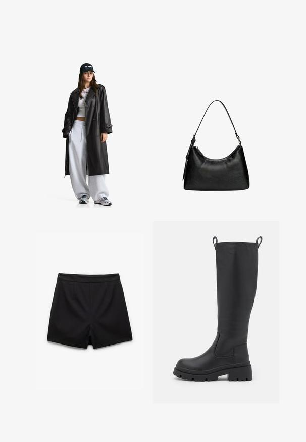 Zwarte leren trenchcoat met een dubbelknoopsluiting aan de voorkant, grote revers, riem in de taille en knoopmanchetten. Glad materiaal.; ONLY ONLMOON LIFE SLIT - Trui - dark grey; Zwarte op maat gemaakte shorts met een gladde textuur, voorzien van een middenhoog tailleband, twee voorzakken en zonder zichtbare sluitingen.; Zwarte kniehoge laars van soepel leer met een chunky zool en een lichte hak. Voorzien van trekbanden en elastische zijpanelen voor gemakkelijk aan- en uittrekken.; Zwarte synthetische leren handtas met een gebogen vorm, korte handgreep, ritssluiting en een subtiel textuurpatroon op het oppervlak.