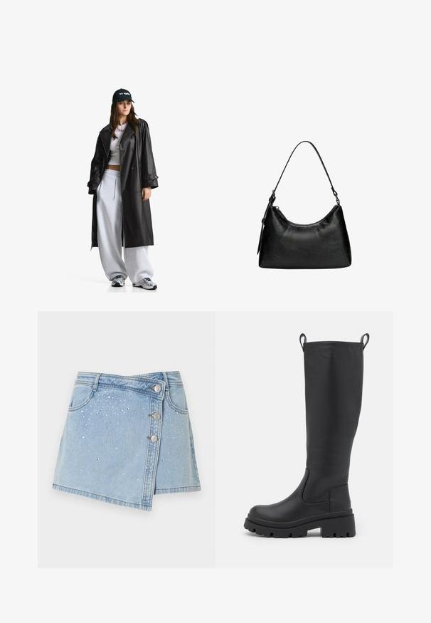 Zwarte leren trenchcoat met een dubbelknoopsluiting aan de voorkant, grote revers, riem in de taille en knoopmanchetten. Glad materiaal.; ONLY ONLMOON LIFE SLIT - Trui - dark grey; Leren jeansrok in lichtblauw, met een wikkelontwerp, meerdere zilveren knopen en decoratieve zilveren studs in een vervagend patroon.; Zwarte kniehoge laars van soepel leer met een chunky zool en een lichte hak. Voorzien van trekbanden en elastische zijpanelen voor gemakkelijk aan- en uittrekken.; Zwarte synthetische leren handtas met een gebogen vorm, korte handgreep, ritssluiting en een subtiel textuurpatroon op het oppervlak.