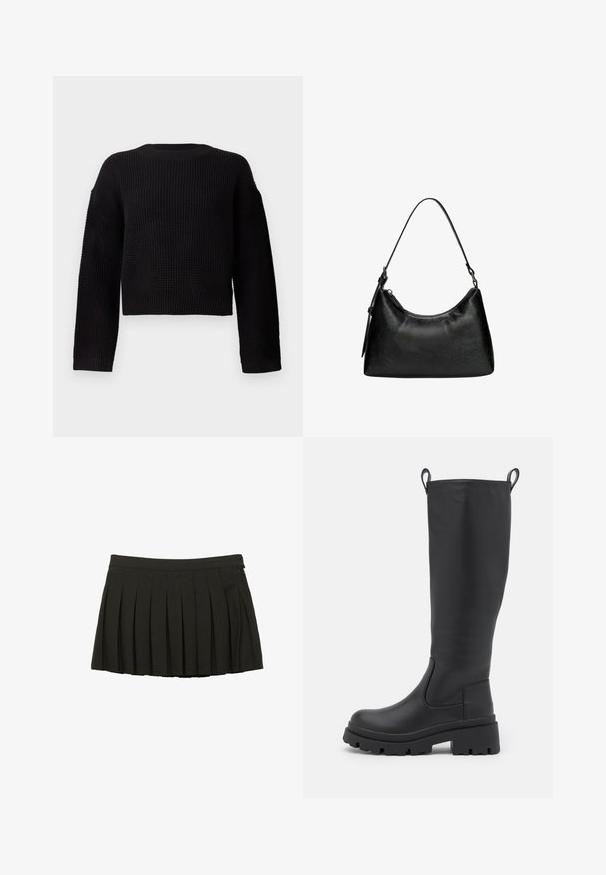 Svart läder trench coat med dubbelknäppt front, stora slag, bälte i midjan och knappade manschetter. Slät textur.; Svart stickad tröja med rund halsringning, långa ärmar och kort design. Strukturerad tyg med ribbade ärmar och nederkant.; Svart plisserad kort kjol med en åtsittande midja och sidodragkedjestängning, visad mot en vit bakgrund.; Svart knähög stövel i slät läder med en kraftig sula och lätt klack. Har dragflikar och elastiska sidopanels för bekväm påtagning.; Svart syntetläderhandväska med en böjd form, kort handtag, dragkedjestängning och subtilt texturerat mönster på ytan.