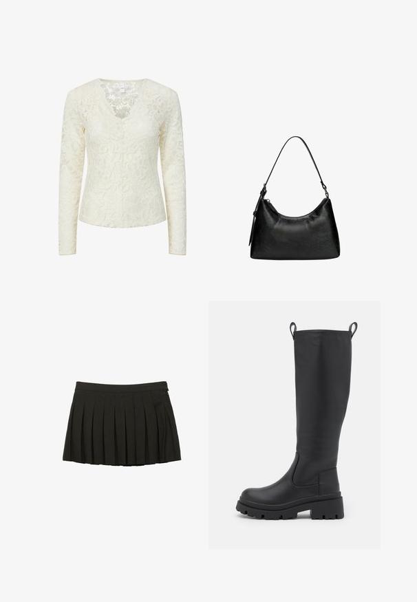 Černý kožený trenčkot s dvouřadým zapínáním, velkými klopami, páskem v pase a knoflíkovými manžetami. Hladká textura.; Světle krémová krajková blůza s dlouhým rukávem, květinovým vzorem a vykrojeným výstřihem ve tvaru písmene V s vlnitým okrajem.; Černá plizovaná mini sukně s přiléhavým pasem a bočním zipovým zapínáním, vystavená na bílém pozadí.; Černé kozačky po kolena vyrobené z hladké kůže s robustní podrážkou a mírným podpatkem. Obsahují poutka a elastické boční panely pro snadné obouvání.; Černá syntetická kožená kabelka s zakřiveným tvarem, krátkým držadlem, zipovým uzávěrem a jemným texturovaným vzorem na povrchu.