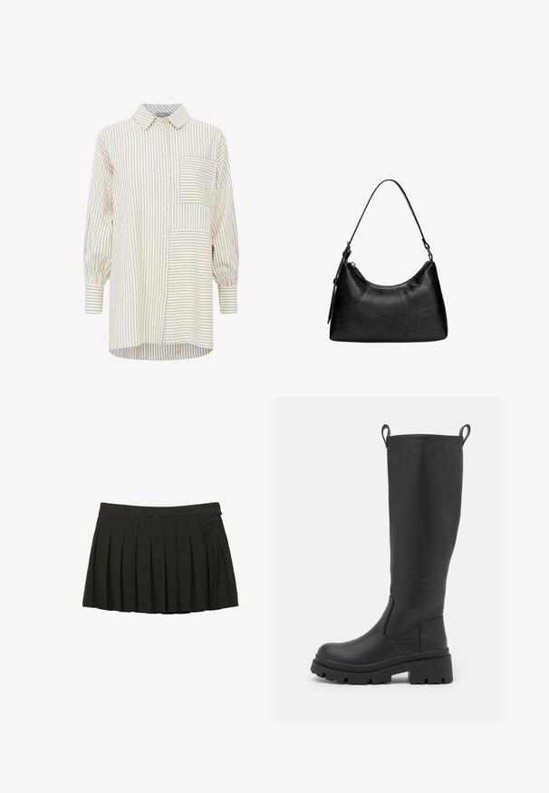 Crni kožni plašt s dvostrukim kopčanjem sprijeda, velikim reverima, remenom u struku i dugim rukavima s gumbima. Glatka tekstura.; Prugasta košulja s dugim rukavima u bež i krem boji, s džepom na prsima, opuštenog kroja i zaobljenim rubom.; Crna plisirana mini suknja s prilagođenim pojasom i bočnim zatvaračem, prikazana na bijeloj pozadini.; Crne čizme do koljena napravljene od glatke kože s debelim đonom i malim potpeticama. Imaju kuku za lako oblačenje i elastične bočne panele.; Crna torba od sintetičke kože s zakrivljenim oblikom, kratkom drškom, zatvaranjem na patentni zatvarač i suptilnim teksturiranim uzorkom na površini.
