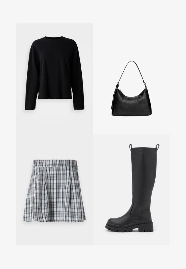 Fekete bőr trench kabát dupla gombolású elülső résszel, nagy hajtókákkal, derékon övvel és gombos mandzsettával. Sima textura.; Fekete, hosszú ujjú póló, puha, könnyű anyagból, kerek nyakkivágással és laza szabással, minimális varrási részletekkel.; Szürke és fehér sakkos mini szoknya, redőzött és derékpántos kialakítással. Könnyű anyagból készült, függőleges és vízszintes csíkokkal.; Fekete, térdig érő csizma sima bőrből, vastag talppal és enyhe sarokkal. Húzófülekkel és rugalmas oldalsó panellel a könnyű felhúzás érdekében.; Fekete szintetikus bőr kézitáska, ívelt formával, rövid fogantyúval, cipzáras zárással és finom textúrázott mintával a felületén.