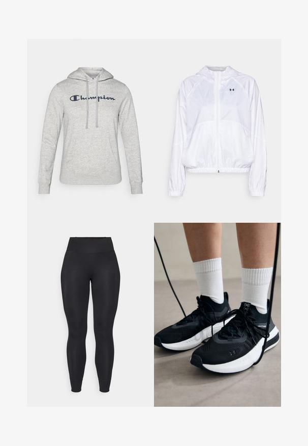 Biała kurtka z kapturem wykonana z lekkiego materiału, z elastycznymi mankietami i pasem. Posiada pełny zamek błyskawiczny oraz logo na klatce piersiowej.; Szary kapturowy sweatshirt ze sznurkiem, kieszenią na przodzie oraz haftowanym logo "Champion" w granatowym kolorze na klatce piersiowej. Miękka tekstura materiału.; Czarne legginsy wykonane z elastycznej tkaniny, z wysokim stanem, zwężanymi nogawkami i mankietami, o gładkiej, matowej fakturze.; Czarne buty sportowe z teksturowanym materiałem, białą podeszwą i czarnymi sznurowadłami. Nosi je osoba w białych skarpetkach w prążki, stojąca na jasnej powierzchni.