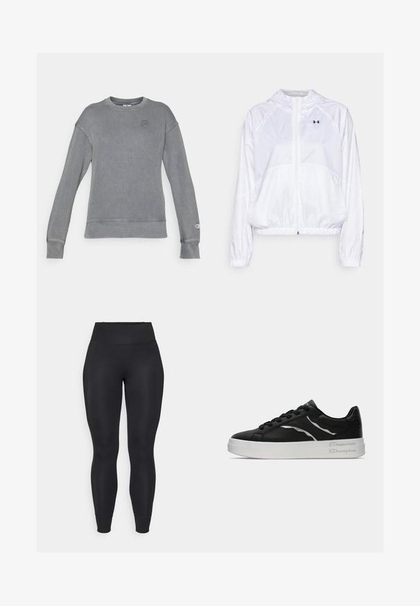 Witte capuchonjack gemaakt van lichtgewicht stof met elastische manchetten en tailleband. Heeft een ritssluiting over de volle lengte en logo-opdruk op de borst.; Grijze geribde sweatshirt met lange mouwen, ronde halslijn en logo op de borst. Voorzien van boorden en een zoom met een gladde afwerking.; Zwarte leggings van rekbare stof, met een hoge taille, taps toelopende benen en omslagrokken, met een gladde, matte textuur.; Zwarte leren sneaker met witte zool, voorzien van dunne zilveren accenten en een vetersluiting. Gladde textuur met merkdetails op de hiel.