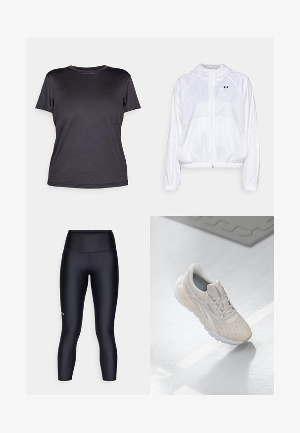 Balts kapucēts jaka, izgatavota no viegla auduma ar elastīgām aprocēm un jostu. Aprīkota ar pilna garuma rāvējslēdzēju un logo detaļu uz krūšu.; Pelēks īslietojuma T-krekls, izgatavots no viegla auduma, ar apaļu kaklu, gludu tekstūru un vieglu logo uz krūšu daļas.; Melnas leggingas, izgatavotas no gluda, elastīga auduma. Augstās jostasvietas dizains ar ciešu piegādi un nelielu logotipu uz kreisās kājas.; Gai bēša sporta apavi ar caurumiņiem augšdaļā, teksturētiem akcentiem, mīkstu apkakli un baltu gumijas zoli, kas paredzēti komfortam un gaisa caurlaidībai.