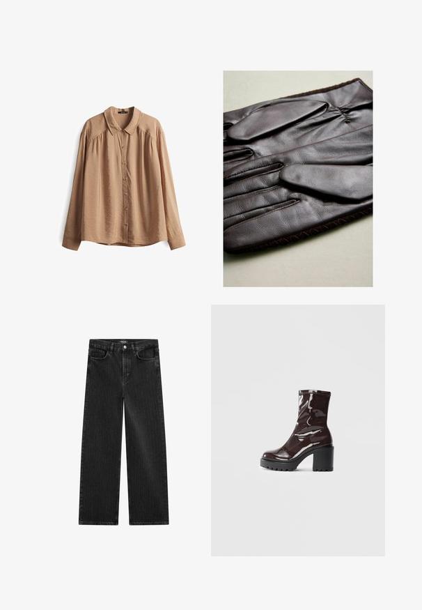 Schwarze, kurze Lederjacke mit einem Kragen, Knopfverschluss und zwei vorderen Taschen. Glatte Textur und glänzendes Finish.; Beige Hemd mit Knopfleiste, Kragen, langen Ärmeln und lockerer Passform. Hergestellt aus glattem Stoff mit subtiler Textur und zentralem Knopfverschluss.; Weite schwarze Denim-Jeans mit feinem vertikalen Streifenmuster, ausgestattet mit einem Fünf-Taschen-Design und einem klassischen Knopfverschluss an der Taille.; Glatte bordeauxrote Ankle Boots mit einem klobigen schwarzen Absatz, die eine glatte Oberfläche und ein einfaches Design aufweisen. Keine sichtbaren Verschlüsse oder Muster.; Braune Lederhandschuhe mit glatter Textur, fünf Fingern, elastischem Handgelenk und dekorativer Naht entlang der Kante.