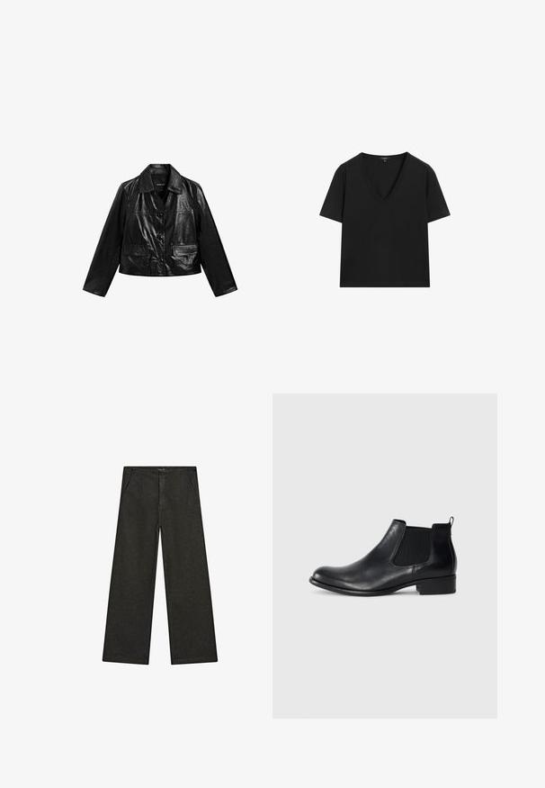 Zwarte leren cropped jack met een kraag, knoopsluiting en twee zakken aan de voorkant. Gladde textuur en glanzende afwerking.; Zwarte T-shirt met korte mouwen en V-hals, met een eenvoudig, aansluitend ontwerp op een witte achtergrond.; Wijd uitlopende zwarte denim broek met een middelhoge taille, twee zijzakken en een eenvoudige, minimalistische uitstraling zonder zichtbare versieringen.; Zwarte leren Chelsea enkellaars met elastische zijkanten, ronde neus, trekband aan de achterkant en een lage blokhak. Gladde textuur.
