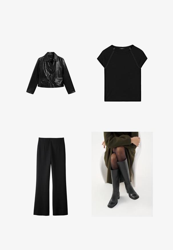 Zwarte leren cropped jack met een kraag, knoopsluiting en twee zakken aan de voorkant. Gladde textuur en glanzende afwerking.; Zwarte top met korte mouwen, voorzien van een ronde halslijn en contrasterende witte stiksels langs de schouders en zijkanten. Zachte, gladde stof.; Zwarte wijde broek gemaakt van een gladde stof, met een strak ontwerp, voorplooien en een verzorgde afwerking zonder zichtbare hardware.; Knieschijf hoge zwarte leren laarzen met een vierkante neus en blokhak, getoond met een model dat zit in een olijfgroene jas. Gladde textuur, minimale details.