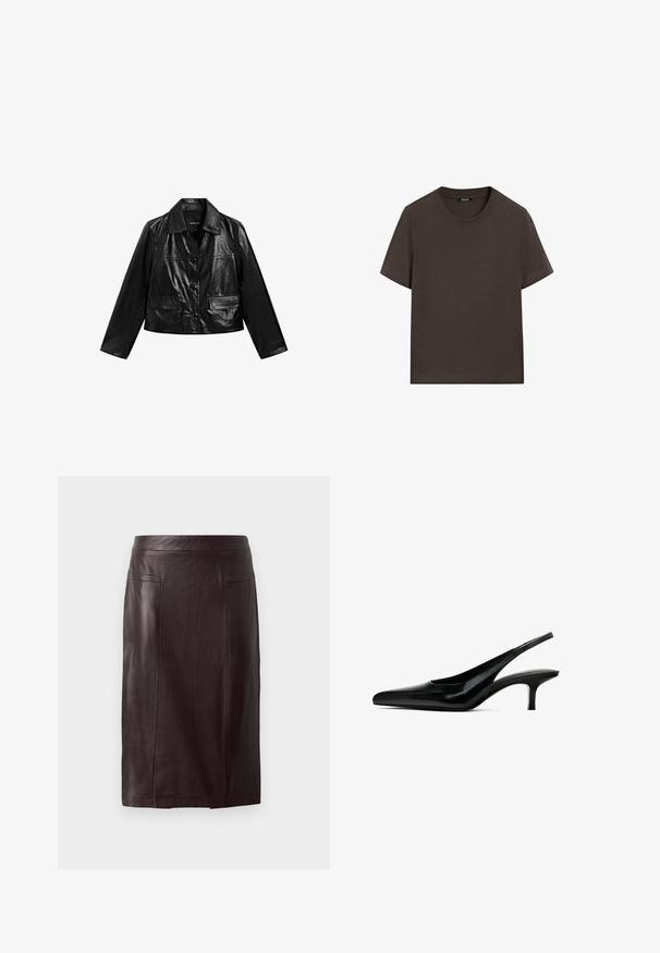 Zwarte leren cropped jack met een kraag, knoopsluiting en twee zakken aan de voorkant. Gladde textuur en glanzende afwerking.; Donkerbruin T-shirt met korte mouwen, gemaakt van katoen. Heeft een ronde halslijn en een ontspannen pasvorm, zonder zichtbare patronen of accenten.; Bruine leren potloodrok met een gladde textuur, voorzien van een hoge taille, twee front pockets en een knielange snit.; Zwarte slingback schoen met puntige neus, afgewerkt in glanzend leer en met een dunne, lage hak. Bevat een uitsnede aan de zijkant voor ademend vermogen.