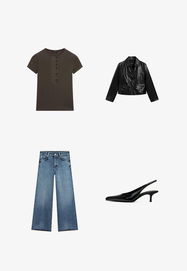 Zwarte leren cropped jack met een kraag, knoopsluiting en twee zakken aan de voorkant. Gladde textuur en glanzende afwerking.; Donkergroene geribbelde T-shirt met korte mouwen, een ronde halslijn en een vijfknopsbies aan de voorkant. Zachte textuur en minimalistisch design.; Lichtblauwe wijde jeans van denim met een hoge taille, voorzien van vijf zakken, contrasterende stiksels en een rafelige zoom aan de onderkant.; Zwarte slingback schoen met puntige neus, afgewerkt in glanzend leer en met een dunne, lage hak. Bevat een uitsnede aan de zijkant voor ademend vermogen.