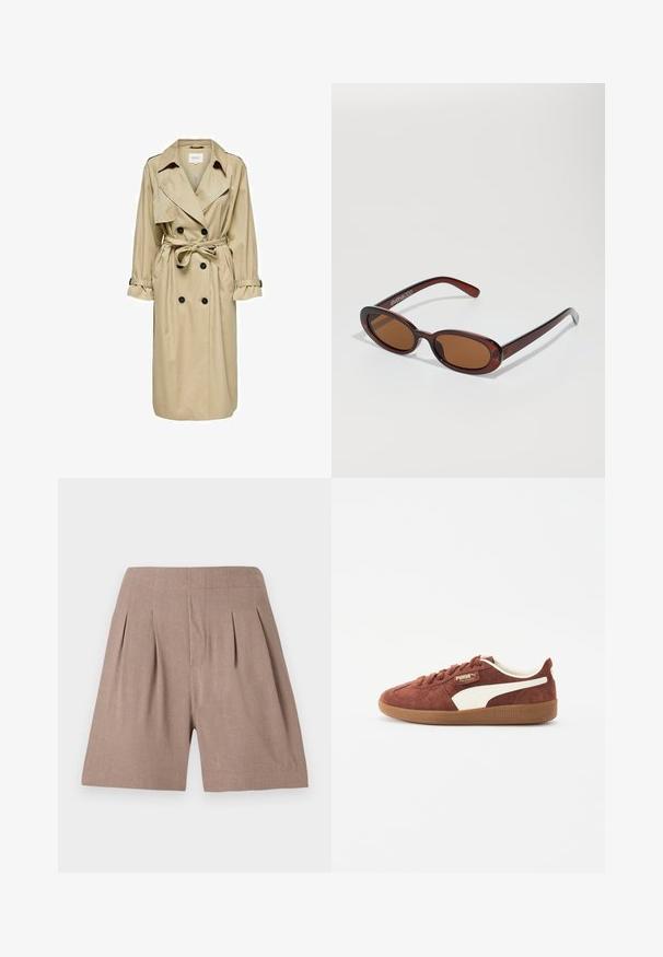 Bež plašč z dvojnim zapenjanjem, velikim ovratnikom in pasom. Ima dolge rokave z nastavljivimi manšetami in stranskima žepoma.; Svetlo rumena, srajca na gumbe iz mehkega materiala. Ima klasičen ovratnik, zavihane rokave in sproščen kroj s ukrivljenim robom.; Bordeaux plisirane kratke hlače izdelane iz lahkega materiala, z gladko teksturo in krojem po meri, s čisto, minimalistično zasnovo.; Temno rjave usnjene superge z belimi usnjenimi detajli, okroglo konico, vezalno zasnovo in rjav gumijast podplat. Logotip blagovne znamke na strani in jezik.; Okrogle, rjavo obarvane sončne naočare z sijočim burgundskim okvirjem. Tanek nosilec s subtilnim logotipom. Oblika leč je ravna.; Call it Spring SAWYERR - Torbica - tan