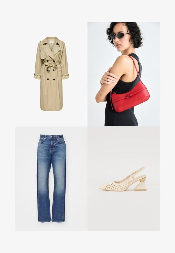 Bežs trenčkotā ar dubulto aproču dizainu, lielu apkakli un jostu. Tam ir garas piedurknes ar regulējamiem aproçiem un sānu kabatām.; Baltā mežģīņu blūze ar apaļu kakla izgriezumu, pūkainām īsām piedurknēm un ziedu rakstu. Iezīmētais poga aizdare un caurspīdīga auduma.; Augstās jostas bikses no zila denima ar izbalējušu tonēšanu, ar tumšām sānu stellēm un taisnu kāju dizainu. Izgatavotas no denima ar standarta šuvēm.; Beige siksnīšu kurpes ar perforētu augšējo daļu, smailu purngalu un kontrastējošu trīsstūra papēdi, kas rotāta ar zeltu. Kopumā gluda tekstūra.; Sarkans ādas plecu soma ar gludu tekstūru, izliekta dizaina un dekoratīvu sprādzi. Regulējams siksna un rāvējslēdzēja aizdare.