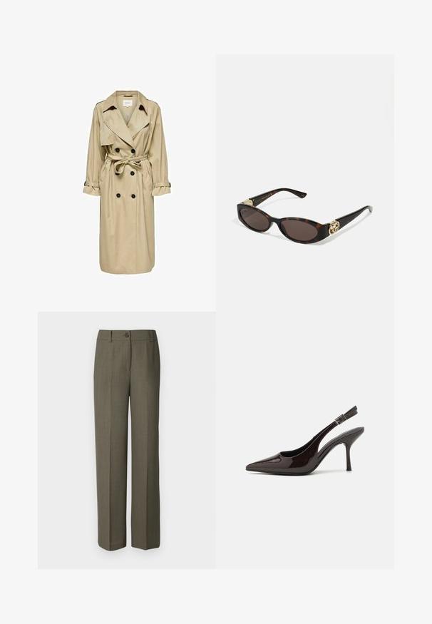 Beige trenčkot s dvojitým zapínáním, velkým límcem a páskem. Má dlouhé rukávy s nastavovacími manžetami a boční kapsy.; Hnědá košile s dlouhými rukávy a špičatým límcem, zapínání na knoflíky a zakřivený lem. Vyrobena z hladké látky, obsahuje jemné akcenty knoflíků.; Modström GALE PANTS - Kalhoty - warm gray; Slingback lodičky na vysokém podpatku z lesklé tmavě hnědé lakované kůže, s špičatou špičkou, otevřenými stranami a nastavitelným páskem kolem kotníku.; Brýle sluneční s kočičím vzorem, prodloužené oválné čočky, hnědý odstín, zlaté logo na spáncích a elegantní černé nožičky.