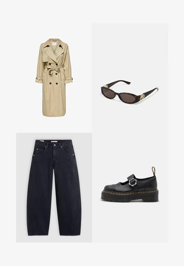 Bežani trench kaput s dvostrukim kopčanjem, velikim ovratnikom i remenom. Ima dugačke rukave s podesivim manžetama i bočne džepove.; Bijela bluzica dugih rukava s klasičnom kragnom, prednjim kopčanjem na gumbe i nabranim detaljem sa strane. Glatka tkanina s krojem koji se dobro prilagođava.; Crne traperice širokih nogavica s visokim strukom, dva prednja džepa i srebrnim detaljima. Glatka tekstura, minimalni detalji šavova i ravni kroj.; Crne kožne Mary Jane cipele s debelim platformom, koje imaju teksturiranu površinu i žute šavove. Detalj kopčanja na trakici.; Suncane naočale od kornjačevine s izduženim ovalnim lećama, smešnim nijansama, zlatnim logotipom na drškama i elegantnim crnim krakovima.