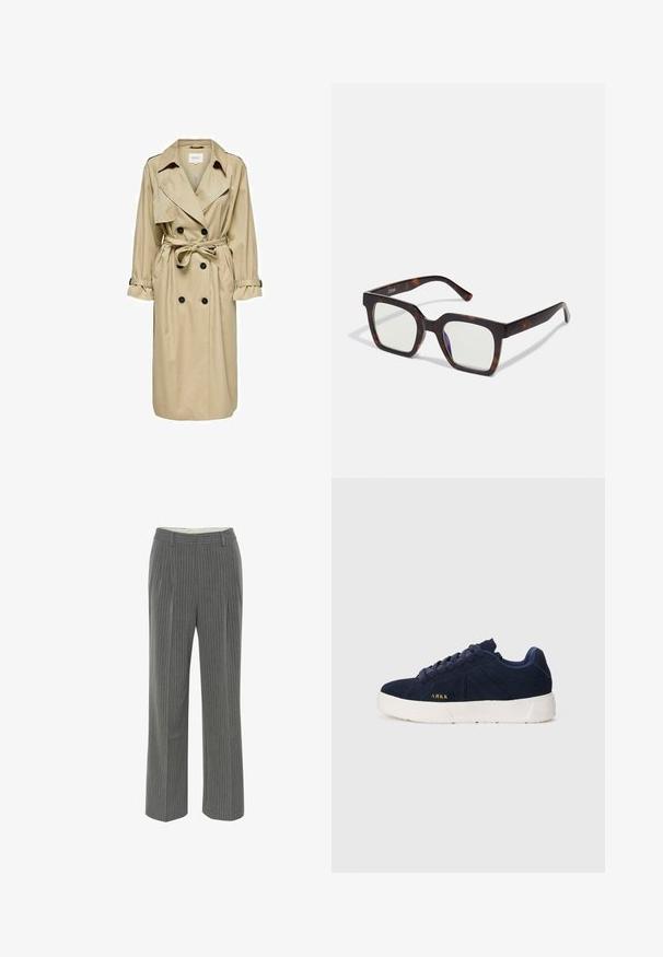 Beige trench coat with a double-breasted design, large collar, and belt. Features long sleeves with adjustable cuffs and side pockets.; Blue striped button-up shirt with a collar, long sleeves, and a curved hem. Fabric appears smooth and lightweight. Button closure down the front.; Gray pinstriped trousers with a tailored fit, a flat front, and a wide leg design. Made of a smooth, lightweight fabric.; Navy blue suede sneaker with a white rubber sole. Features rounded laces, a low profile design, and a small gold logo on the side.; Square sunglasses with a tortoiseshell acetate frame and clear lenses. Features wide temples and a matte finish, enhancing overall durability.; Cream leather shoulder bag with a crescent shape, thin strap, and subtle stitching detail. Minimalist design with gold-tone hardware accents.