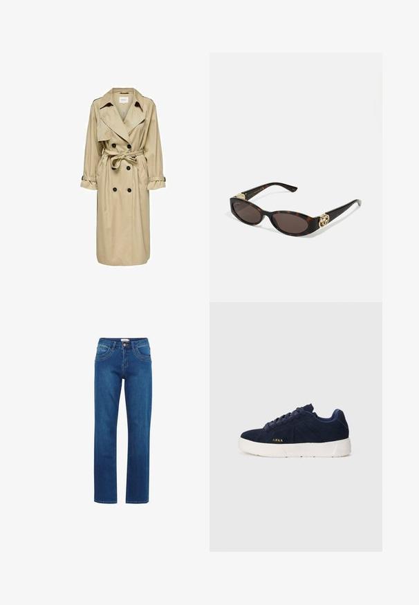 Trinchera beige con diseño de doble botonadura, gran cuello y cinturón. Cuenta con mangas largas con puños ajustables y bolsillos laterales.; Camisa de botón a rayas azules con cuello, mangas largas y dobladillo curvado. La tela parece suave y ligera. Cierre de botón en la parte delantera.; Jeans de denim azul con un diseño de pierna recta, que presentan un cierre frontal con botón, detalles de costura sutiles y bolsillos laterales.; Zapatillas de ante azul marino con suela de goma blanca. Presentan cordones redondeados, un diseño de perfil bajo y un pequeño logo dorado en el lateral.; Gafas de sol carey con lentes ovalados alargados, tintado marrón, acentos de logo dorado en las patillas y brazos negros elegantes.