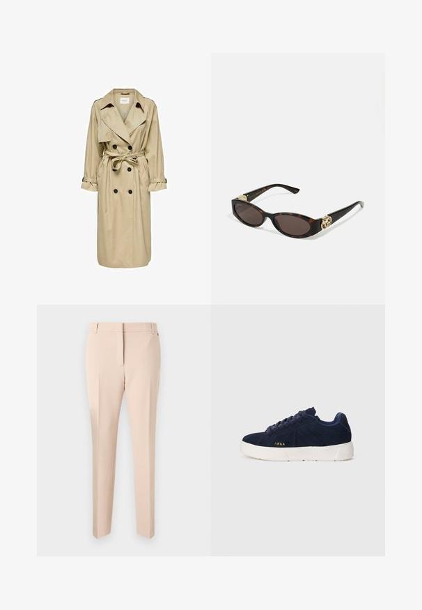 Bežs trenčkotā ar dubulto aproču dizainu, lielu apkakli un jostu. Tam ir garas piedurknes ar regulējamiem aproçiem un sānu kabatām.; Zilā svītrota krekls ar pogām, ar apkakli, garām piedurknēm un izliekumu apakšmalā. Audums izskatās gluds un viegls. Pogājamā aizdare priekšā.; Beige pielētas bikses ar taisnu priekšpusi, jostu cilpām, divām sānu kabatām un taisnu kāju dizainu. Gluda auduma tekstūra un minimālas detaļas.; Jūras zila zamša sporta apavi ar baltu gumijas zoli. Iespējas ar noapaļotām šņorēm, zemu profilu un mazu zelta logo uz sāniem.; Tīģerbrūnā sauļošanās brillēm ar izstieptām ovālām lēcām, brūnu tonējumu, zeltītiem logotipa akcentiem uz tempļiem un plānām melnām kājām.