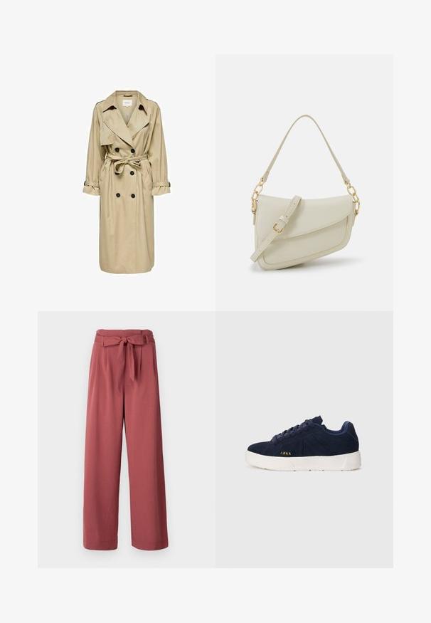 Manteau beige en trench avec un design à double boutonnage, grand col et ceinture. Il présente des manches longues avec des poignets ajustables et des poches latérales.; Chemise bleu à rayures, à col, à manches longues et à ourlet arrondi. Le tissu semble lisse et léger. Fermeture par boutons sur le devant.; Pantalons larges en rose poussiéreux, fabriqués dans un tissu doux, avec une ceinture à nouer à la taille et des poches latérales.; Baskets en suède bleu marine avec une semelle en caoutchouc blanc. Présentent des lacets arrondis, une conception à profil bas et un petit logo doré sur le côté.; Petit sac à main crème avec une finition texturée, une longue sangle réglable, un accent en chaîne et une fermeture à rabat. Détails en matériel doré.
