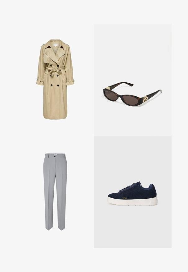 Beige trench coat, dupla gombolás designnal, nagy gallérral és övvel. Hosszú ujjakkal rendelkezik, állítható mandzsettákkal és oldalsó zsebekkel.; Kék csíkozott, galléros gombos ing hosszú ujjakkal és ívelt aljjal. Az anyag simának és könnyűnek tűnik. Gombos záródás elöl.; Szürke testre szabott nadrág egyenes szabással, sima anyagból készült. Elöl gombos záródással és két elülső zsebbel rendelkezik.; Tengerészkék velúr sneaker fehér gumitalppal. Kerek fűzőkkel, alacsony profilú kialakítással és egy kis arany logóval az oldalon.; Tortából készült napszemüveg, hosszúkás ovális lencsékkel, barna színű árnyalattal, arany logóval a fülkagylón, és karcsú fekete szárakkal.