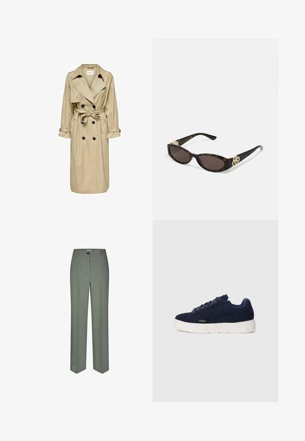 Manteau beige en trench avec un design à double boutonnage, grand col et ceinture. Il présente des manches longues avec des poignets ajustables et des poches latérales.; Chemise bleu à rayures, à col, à manches longues et à ourlet arrondi. Le tissu semble lisse et léger. Fermeture par boutons sur le devant.; Pantalons verts sur mesure en tissu lisse, présentant un design à jambe droite, des plis avant et une fermeture à un bouton.; Baskets en suède bleu marine avec une semelle en caoutchouc blanc. Présentent des lacets arrondis, une conception à profil bas et un petit logo doré sur le côté.; Lunettes de soleil en écaille, avec des verres ovales allongés, teinte marron, accents de logo doré sur les branches et montures noires élégantes.