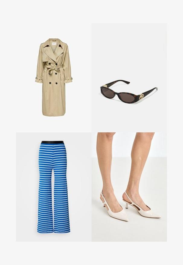 Manteau beige en trench avec un design à double boutonnage, grand col et ceinture. Il présente des manches longues avec des poignets ajustables et des poches latérales.; Chemise bleu à rayures, à col, à manches longues et à ourlet arrondi. Le tissu semble lisse et léger. Fermeture par boutons sur le devant.; Pantalons évasés rayés bleu et blanc avec une ceinture élastique noire. Présente une texture lisse et des rayures horizontales régulières.; Escarpins à talon slingback en cuir verni beige avec un bout pointu et un talon de 5 cm, présentant des côtés découpés et une fine bride à la cheville.; Lunettes de soleil en écaille, avec des verres ovales allongés, teinte marron, accents de logo doré sur les branches et montures noires élégantes.