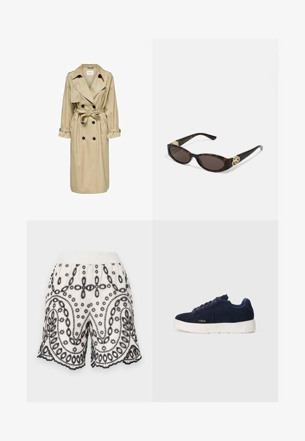 Manteau beige en trench avec un design à double boutonnage, grand col et ceinture. Il présente des manches longues avec des poignets ajustables et des poches latérales.; Chemise bleu à rayures, à col, à manches longues et à ourlet arrondi. Le tissu semble lisse et léger. Fermeture par boutons sur le devant.; Shorts en tissu blanc avec une broderie noire complexe, présentant des motifs floraux et des motifs de type paisley, une taille élastique et des bords festonnés.; Baskets en suède bleu marine avec une semelle en caoutchouc blanc. Présentent des lacets arrondis, une conception à profil bas et un petit logo doré sur le côté.; Lunettes de soleil en écaille, avec des verres ovales allongés, teinte marron, accents de logo doré sur les branches et montures noires élégantes.
