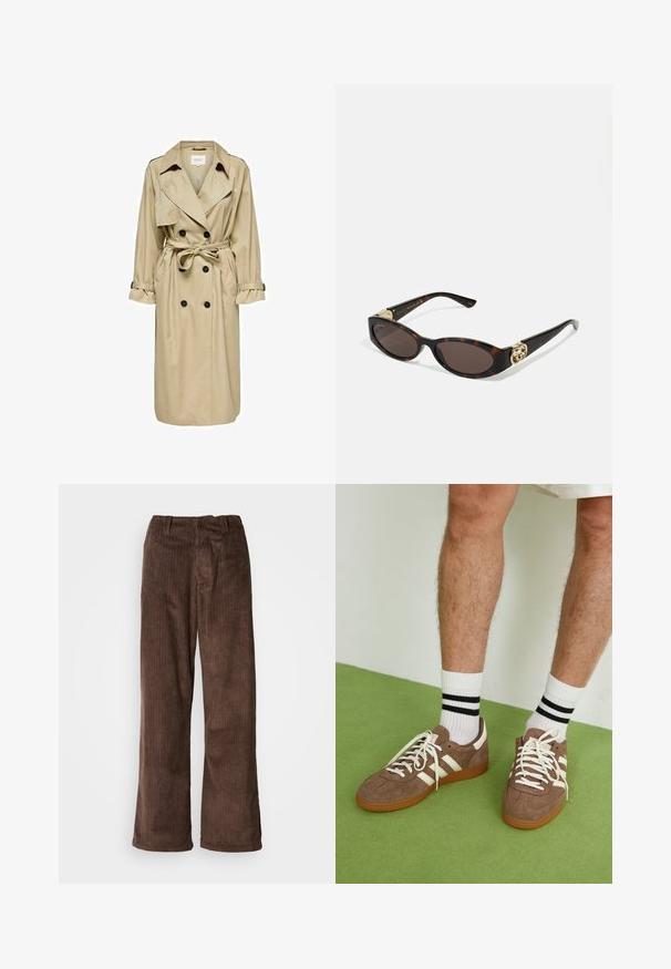 Beige trenchcoat met een dubbelzijdig ontwerp, grote kraag en riem. Heeft lange mouwen met verstelbare manchetten en zijzakken.; Blauw gestreepte overhemden met kraag, lange mouwen en een afgeronde zoom. De stof lijkt glad en lichtgewicht. Knopsluiting aan de voorkant.; Bruine corduroy broek met een wijd beenontwerp, met verticale ribbels en een tailleband. De stof heeft een zachte, gestructureerde uitstraling.; Bruine suède sneakers met witte accenten en veters. Rubberen gumzool. Draag met witte sokken met zwarte strepen. Groene gestructureerde vloer.; Schildpadbril met langwerpige ovale lenzen, bruine tint, gouden logo-accenten op de pootjes en slanke zwarte armen.