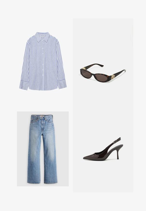 Beżowy płaszcz trench z podwójnym zapięciem, dużym kołnierzem i paskiem. Posiada długie rękawy z regulowanymi mankietami oraz kieszeniami bocznymi.; Jasnoniebieska koszula z długim rękawem w pionowe białe i niebieskie paski, z klasycznym kołnierzykiem i mankietami zapinanymi na guziki.; Jasnoniebieskie dżinsowe spodnie o szerokich nogawkach z wysokim stanem, wyblakłe miejsca, pięć kieszeni oraz kontrastowe przeszycia. Klasyczne zapięcie na guzik i zamek błyskawiczny.; Sandały na obcasie typu slingback z błyszczącej ciemno-brązowej lakierowanej skóry, w szpic, z otwartymi bokami i regulowanym paskiem wokół kostki.; Słoneczne okulary w kolorze żółwi z wydłużonymi owalnymi soczewkami, brązowym odcieniem, złotymi akcentami logo na zausznikach oraz smukłymi czarnymi ramionami.