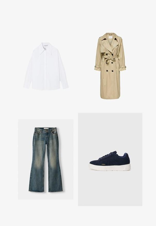 Beige trench coat with a double-breasted design, large collar, and belt. Features long sleeves with adjustable cuffs and side pockets.; White, long-sleeve shirt made from smooth fabric. Features a large collar, button closure, and wide sleeves with a relaxed fit.; Blue flared jeans with a faded wash, five pockets, and a button closure. Material shows a denim texture with subtle stitching details.; Navy blue suede sneaker with a white rubber sole. Features rounded laces, a low profile design, and a small gold logo on the side.
