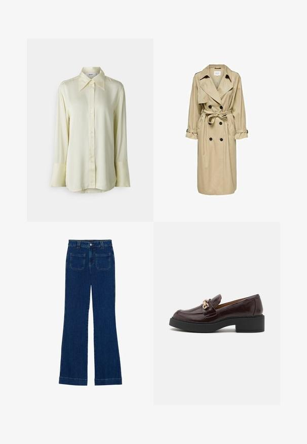 Trinchera beige con diseño de doble botonadura, gran cuello y cinturón. Cuenta con mangas largas con puños ajustables y bolsillos laterales.; Camisa de manga larga, abotonada, en amarillo pálido, hecha de una tela suave. Presenta un cuello clásico y puños anchos. Ajuste relajado y entallado.; Vaqueros de campana de mezclilla en azul oscuro con una textura suave, diseño de cinco bolsillos y cierre de botón en la cintura.; Mocasín de cuero marrón con una hebilla de acento dorado, tacón negro de bloque y una textura suave. La vista lateral muestra la punta redondeada y el detalle de costura.
