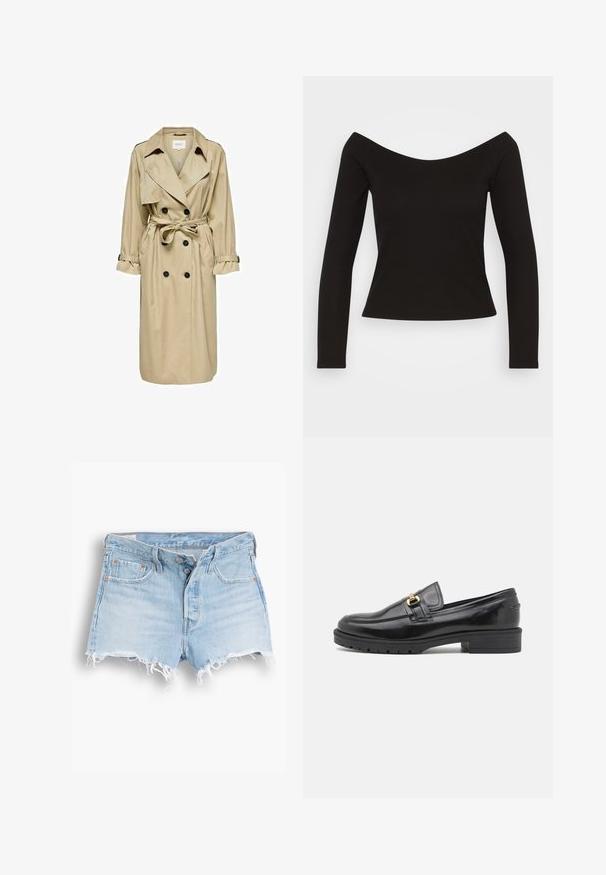 Beez trench coat topeltöödeldud disainiga, suure kraega ja vööga. Omab pikki varrukaid, millele on reguleeritavad mansetid, ning küljetaskut.; Must mustriba pikkade varrukatega pluus, mis on avatud õlgadega ja istuv siluett. Sile tekstuur ja veidi veniv kangas mugavuse jaoks.; Heledad sinine teksapükste lühikesed püksid kõrge vöökohtadega, rebenenud servadega, viie tasku disainiga ja kontrastsete õmblustega. Ees on kaks nööpi kinnitamiseks.; Mustad nahast loafers ümarate varvastega, kuldsete detailidega, tekstuurse kummist tallaga ja madala plokknööriga.