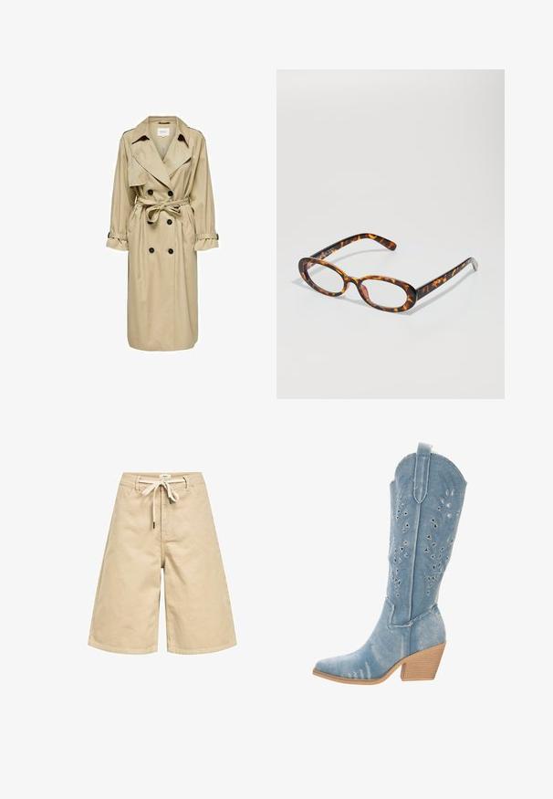 Beige trenchcoat med dobbeltknaplukning, stor krave og bælte. Den har lange ærmer med justerbare manchetter og sidelommer.; Brun T-shirt med lange ærmer, lavet af blødt, strækbart materiale, med rund halsudskæring og en afslappet pasform, der har en glat tekstur og minimal detaljer.; Beige bomuldsbukser med en løs pasform, der har snoretræk i taljen, forlommer og en glat tekstur. Synlige kantsting.; Denim cowboy støvle, lys blå, spidse tæer, udskårne detaljer med trekantede former, lav skridttabel, tekstureret finish.; Skildpaddebriller med ovale linser, der har en glat overflade, slanke stænger og subtile mønstre, der minder om tigerstriber.; Brun lakeret håndtaske med rektangulær form, to lange håndtag og subtile buede detaljer på fronten.