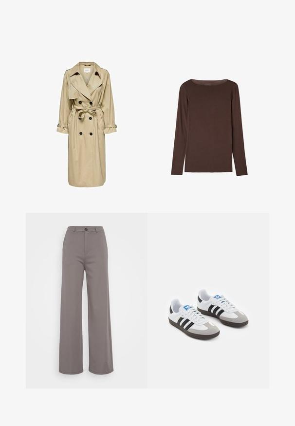 Beige trenchcoat met een dubbelzijdig ontwerp, grote kraag en riem. Heeft lange mouwen met verstelbare manchetten en zijzakken.; Bruine lange mouwen top gemaakt van zacht, rekbaar materiaal met een ronde halslijn en een relaxed fit, met een gladde textuur en minimale details.; Wijdvallende broek in een zachte grijze stof. Voorzien van een knoopsluiting en schone naden. Gladde textuur zonder zichtbare patronen of versieringen.; Sportschoenen met een witte leren bovenkant, grijze suède neus en drie zwarte strepen. Bevat een blauw logo op de tong en een gestructureerde rubberen zool.