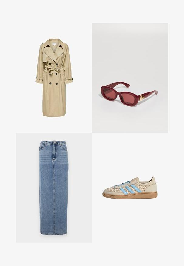 Beige trench coat dengan desain double-breasted, kerah besar, dan ikat pinggang. Memiliki lengan panjang dengan manset yang dapat disesuaikan dan saku samping.; Valkoinen ribbikangasta oleva hihaton paita, jossa on mustat yksityiskohdat kaula-aukon ja kainaloiden ympärillä, ja se istuu tiukasti.; Vaaleansininen farkku maksimittainen hame, jossa on suora siluetti, viisi taskua ja näkyvät saumat.; Beige lenkkarit, joissa on teksturoitu neulepinta, vaaleansiniset raidat ja ruskea kumipohja. Varustettu pyöreillä nauhoilla ja logotiedolla sivussa.; Punaiset muoviset aurinkolasit, joissa on suorakulmaiset kehykset, tummennetut linssit ja kultainen logo-alkuosa sankoissa. Sileä, kiiltävä pinta.