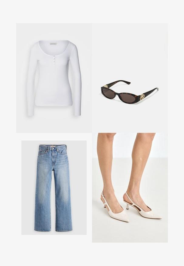 Trench coat bej cu un design cu două rânduri de nasturi, guler mare și curea. Are mâneci lungi cu manșete ajustabile și buzunare laterale.; Top alb cu mâneci lungi, cu decolteu rotund, textură striată și trei accente cu nasturi argintii pe plastronul din față.; Blugi largi din denim de un albastru deschis, cu talie înaltă, zone decolorate, cinci buzunare și cusături contrastante. Închidere clasică cu nasture și fermoar.; Cizme slingback din piele vopsită bej, cu vârf ascuțit și toc de 5 cm, având laterale decupate și o curea subțire la gleznă.; Ochelari de soare din țiglă cu lentile ovale alungite, nuanță maro, accente cu logo auriu pe brațele laterale și brațe negre elegante.; Colier din aur cu un design de frunză, având detalii texturate. Piesa dispune de o închidere cu lanț și are o formă naturală, curgătoare.