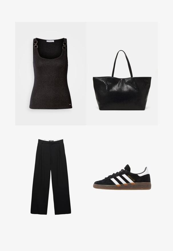 Bež plašč z dvojnim zapenjanjem, velikim ovratnikom in pasom. Ima dolge rokave z nastavljivimi manšetami in stranskima žepoma.; Črna brezrokavnica z okroglim izrezom, ki vsebuje kovinske delce, dekorativno ramensko okovje in oblikovan silhueto.; Široke črne hlače iz gladkega blaga. Značilne so sprednje gube, pas z zankami za pas in kroj, ki poudari postavo.; Črne Adidas superge z belimi črtami, zlatim napisom "Spezial", gumo podplatom in belim petnim delom, prikazane v stranskem pogledu.; Črna tkanina torba s trdnimi ročaji, ki ima sijočo teksturo in prostoren odprt zgornji dizajn.