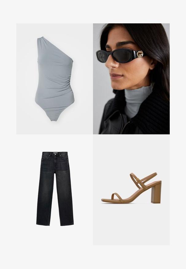 Trench coat bej cu un design cu două rânduri de nasturi, guler mare și curea. Are mâneci lungi cu manșete ajustabile și buzunare laterale.; Costum de baie gri, cu un umăr, cu textură plisată, material neted și design cu picior înalt. Estetică simplă și minimă.; Blugi negri cu picioare largi din denim. Au cinci buzunare, un fermoar cu închidere prin buton și o ușoară decolorare pe față.; Sandale cu toc de un maro deschis, cu două bare subțiri și un toc pătrat. Material neted, cu un design minimal și un detaliu mic din aur.; Ochelari de soare negri, cu un cadru rectangular elegant și un accent cu logo auriu pe lateral. Lentile întunecate și finisaj lucios sunt proeminente.; Geantă gri texturată, cu un maner căptușit, accente din plasă, curea ajustabilă și un închizător frontal. Design compact cu o formă rotunjită.