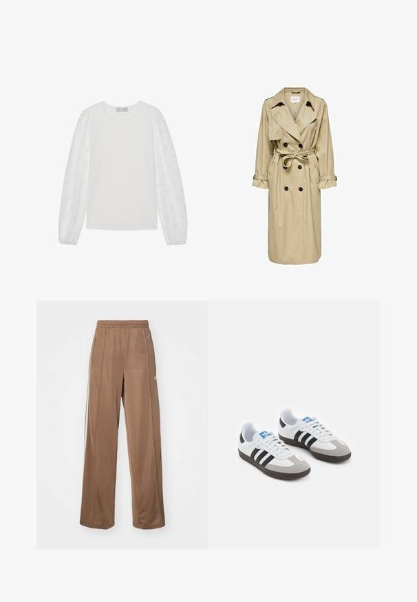 Beige trench coat dengan desain double-breasted, kerah besar, dan ikat pinggang. Memiliki lengan panjang dengan manset yang dapat disesuaikan dan saku samping.; Valkoinen pitkähihaisessa puserossa on kiinteä yläosa ja läpinäkyvät puffihihat, joissa on pilkku-kuvioita. Pyöreä pääntie, resorihihat, pehmeä tekstuuri.; Ruskeat urheiluhousut, jotka on valmistettu pehmeästä kankaasta. Housuissa on joustava vyötärönauha, sivutaskut ja valkoiset logoakkentit vasemmassa lonkassa.; Urheilukengät, joissa on valkoinen nahkainen päällinen, harmaa mokkanokka ja kolme mustaa raitaa. Ominaisuuksina sininen logo kielekkeessä ja kuvioitu kumipohja.