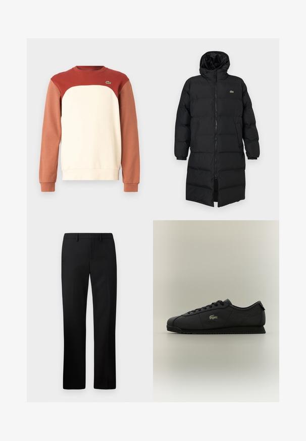 Μαύρο φουσκωτό παλτό με κουκούλα, διαθέτοντας πλήρες φερμουάρ, μακριά μανίκια και σχέδιο μέχρι το γόνατο. Μαλακή, υφασμάτινη υφή με λεπτομέρεια λογότυπου.; Μπλούζα crewneck με κόκκινο άνω τμήμα, κρεμ μεσαίο και καφέ κάτω μανίκια. Φτιαγμένη από απαλό ύφασμα με μια μικρή λεπτομέρεια λογότυπου.; Μαύρο ταγιέρ παντελόνι με ίσια γραμμή, φτιαγμένο από λείο ύφασμα. Περιλαμβάνει επίπεδη μπροστινή πλευρά και μέση ύψους.; Μαύρο χαμηλό αθλητικό παπούτσι με κορδόνια, υφασμάτινη σόλα και χρυσό λογότυπο κροκοδείλου στο πλάι.