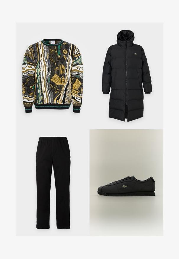 Zwarte pufferjas met een kap, voorzien van een volledige ritssluiting, lange mouwen en een lengte tot de knie. Zachte, gewatteerde textuur met logo-detail.; Gebreide trui met levendige abstracte patronen in zwart, wit, geel en groen. Ronde halslijn en ribgebreide manchetten maken het ontwerp compleet.; Zwarte broek van een katoenmix, met een rechte snit, een elastische tailleband met knoop en zonder zichtbare patronen of accenten.; Zwarte low-top sneaker met vetersluiting aan de voorkant, textuurzool en gouden krokodillologo aan de zijkant.
