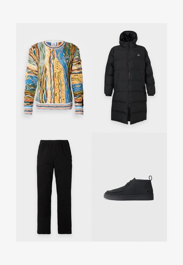 Black puffer coat with a hood, featuring a full zipper, long sleeves, and a knee-length design. Soft, quilted texture with logo detail.; Multicolored knitted sweater with intricate patterns in green, blue, orange, and yellow. Features textured stripes and ribbed cuffs and hem.; Black pants made of cotton blend fabric, featuring a straight cut, elastic waistband with button, and no visible patterns or accents.; Black suede lace-up ankle boot with pull tab and textured sole, featuring small embossed crocodile logo on the side.