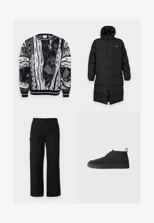 Czarna kurtka puchowa z kapturem, z pełnym zamkiem, długimi rękawami i długością sięgającą kolan. Miękka, pikowana tekstura z detalem logo.; Czarny i biały sweter z misternymi wzorami, przedstawiającymi miejskie pejzaże i abstrakcyjne motywy. Włókno o teksturze dzianiny z prążkowanymi mankietami i dekoltem.; Czarne bawełniane spodnie cargo z prostą nogawką, wyposażone w kieszenie boczne i zapięcie na guzik z przodu. Trwały materiał o gładkiej teksturze.; Czarne zamszowe botki za kostkę na sznurki z pętelką i teksturowaną podeszwą, z małym wytłoczonym logo krokodyla z boku.