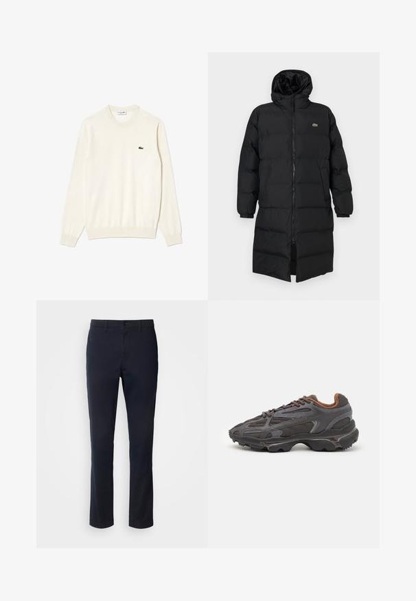 Piumino nero con cappuccio, caratterizzato da una zip completa, maniche lunghe e un design fino al ginocchio. Texture morbida e trapuntata con dettaglio del logo.; Maglione color crema a girocollo, con polsini e orlo a costine, caratterizzato da un piccolo logo di coccodrillo ricamato in verde sul petto. Texture morbida.; Pantaloni blu navy realizzati in tessuto liscio, con un design a gamba dritta, passanti per cintura e chiusura con bottone e zip.; Sneaker Lacoste grigie scure in materiale mesh e sintetico, con suola testurizzata e dettagli marroni sul colletto e sul branding.