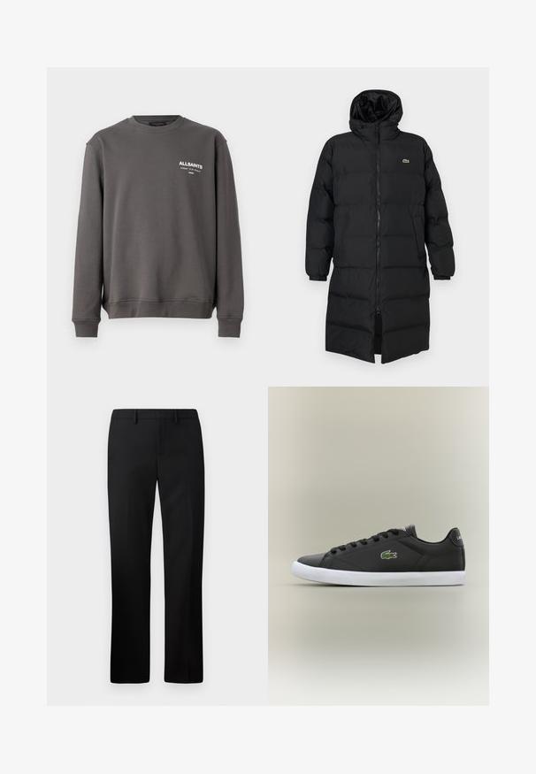 Μαύρο φουσκωτό παλτό με κουκούλα, διαθέτοντας πλήρες φερμουάρ, μακριά μανίκια και σχέδιο μέχρι το γόνατο. Μαλακή, υφασμάτινη υφή με λεπτομέρεια λογότυπου.; Γκρι φούτερ φτιαγμένο από μαλακό ύφασμα, με στρογγυλή λαιμόκοψη και μακριά μανίκια. Περιλαμβάνει ένα μικρό άσπρο λογότυπο στο αριστερό στήθος.; Μαύρο ταγιέρ παντελόνι με ίσια γραμμή, φτιαγμένο από λείο ύφασμα. Περιλαμβάνει επίπεδη μπροστινή πλευρά και μέση ύψους.; Μαύρα δερμάτινα sneakers με λευκή καουτσούκ σόλα, με χαρακτηριστικό το πράσινο λογότυπο κροκόδειλου και στρογγυλά κορδόνια, κομψός σχεδιασμός με λείο υφή.