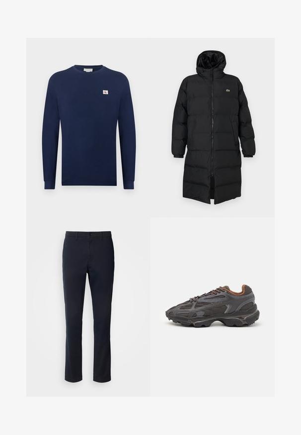 Svart puffjacka med huva, med full dragkedja, långa ärmar och knälång design. Mjuk, vadderad textur med logotypdetalj.; Marinblå långärmad sweatshirt i ribbad textur, med en liten logotyp på vänster bröst och rund halsringning.; Mörkblå byxor i slätt tyg, med rak bendesign, bälteshällor och knappstängning med dragkedja.; Lacoste-sneakers i mörkgrått med nät och syntetmaterial, med en strukturerad sula och bruna detaljer på kragen och varumärket.